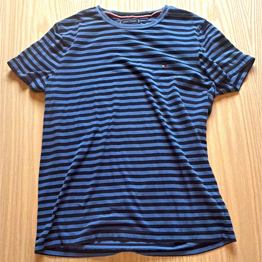 Tommy Hilfiger Men’s L Blue/Black Striped Extra Slim Fit Crew Neck Stretch Tee